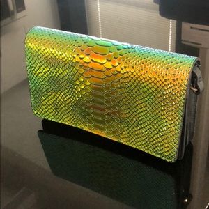 Leather snakeskin iridescent clutch w crossbody